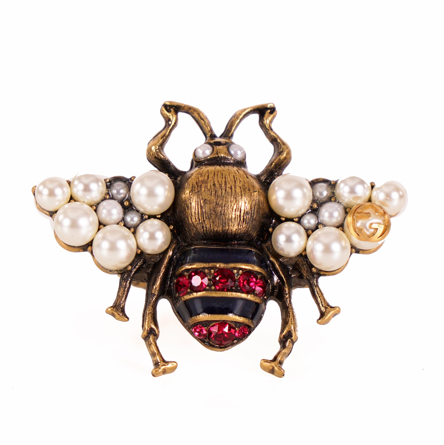 sz M (7/8) NEW $580 GUCCI Aged Gold Tone BEE Motif GLASS PEARL Covered Wing RING