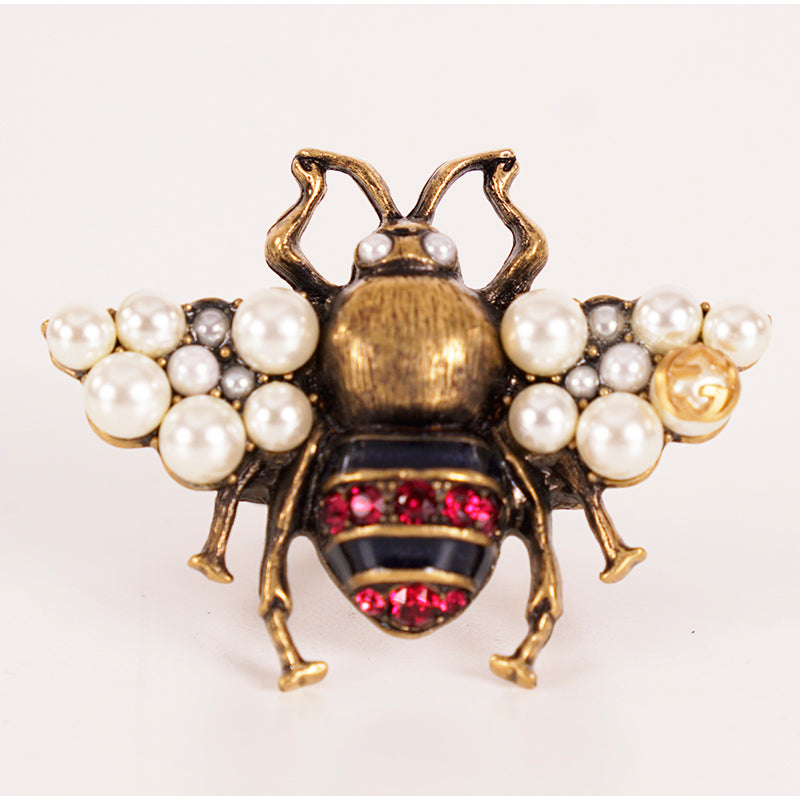 sz M (7/8) NEW $580 GUCCI Aged Gold Tone BEE Motif GLASS PEARL Covered Wing RING