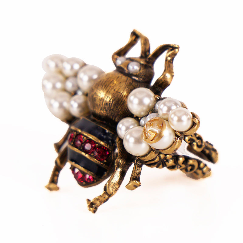 sz M (7/8) NEW $580 GUCCI Aged Gold Tone BEE Motif GLASS PEARL Covered Wing RING