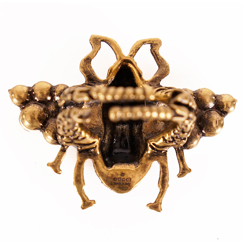 sz M (7/8) NEW $580 GUCCI Aged Gold Tone BEE Motif GLASS PEARL Covered Wing RING