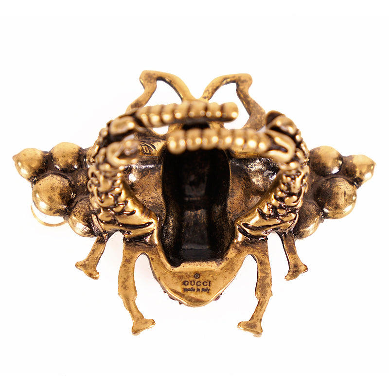 sz M (7/8) NEW $580 GUCCI Aged Gold Tone BEE Motif GLASS PEARL Covered Wing RING