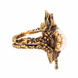 sz M (7/8) NEW $580 GUCCI Aged Gold Tone BEE Motif GLASS PEARL Covered Wing RING