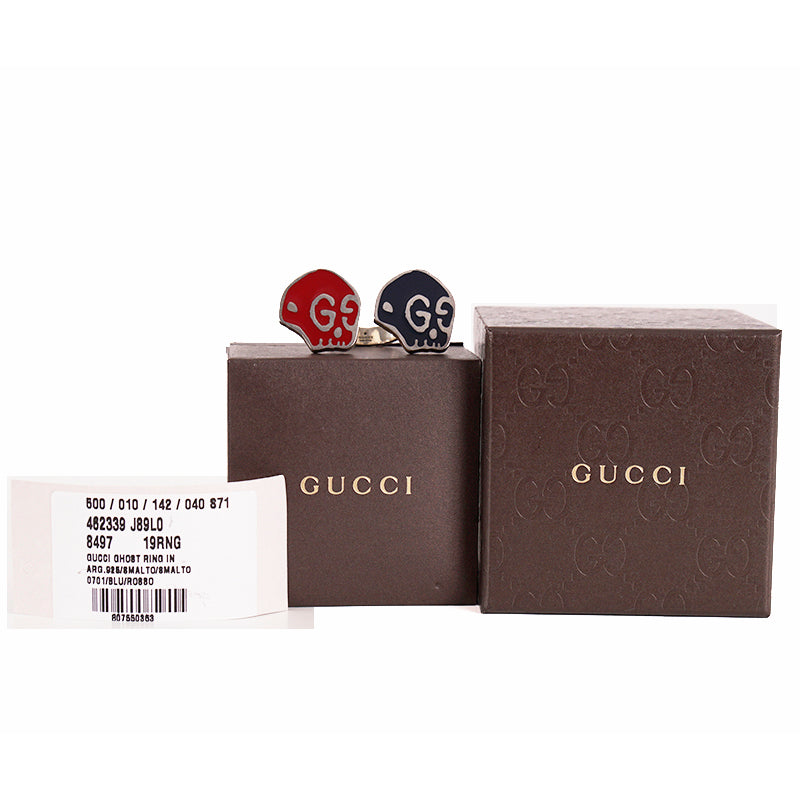 sz 19 NEW $430 GUCCI Sterling Silver Enamel HAMLET GHOST SKULL Logo GG RING