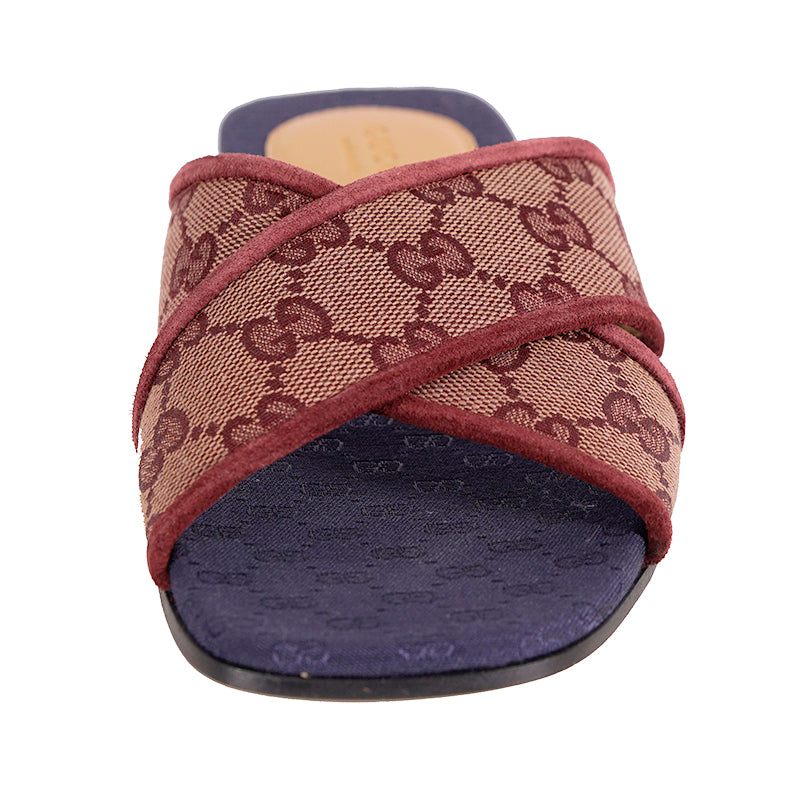 36 NEW $620 GUCCI Burgundy Red Senior Ruggine GG LOGO CANVAS Slide Flat SANDALS