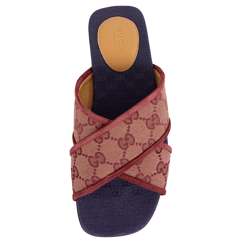 36 NEW $620 GUCCI Burgundy Red Senior Ruggine GG LOGO CANVAS Slide Flat SANDALS