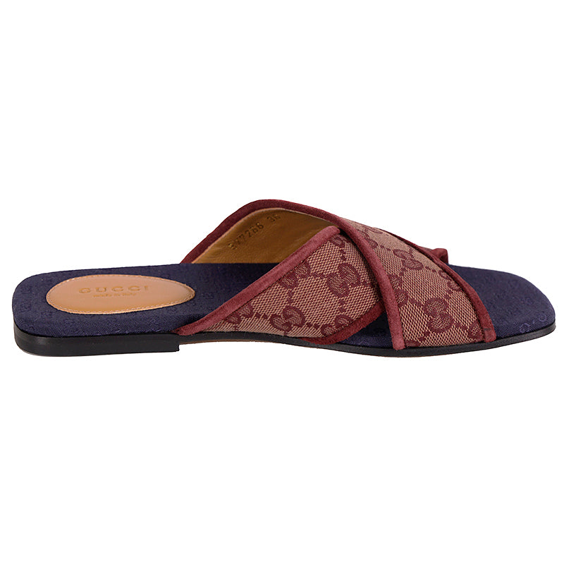 36 NEW $620 GUCCI Burgundy Red Senior Ruggine GG LOGO CANVAS Slide Flat SANDALS