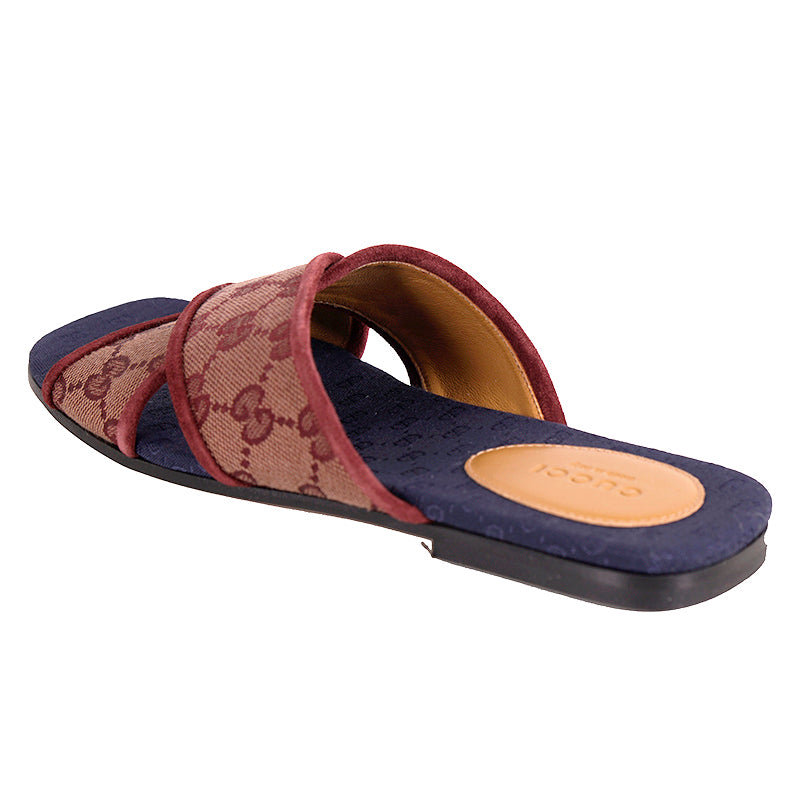 36 NEW $620 GUCCI Burgundy Red Senior Ruggine GG LOGO CANVAS Slide Flat SANDALS