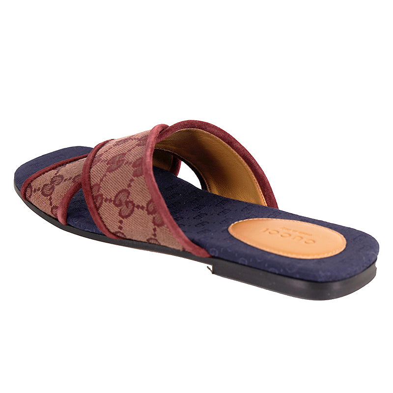 36 NEW $620 GUCCI Burgundy Red Senior Ruggine GG LOGO CANVAS Slide Flat SANDALS