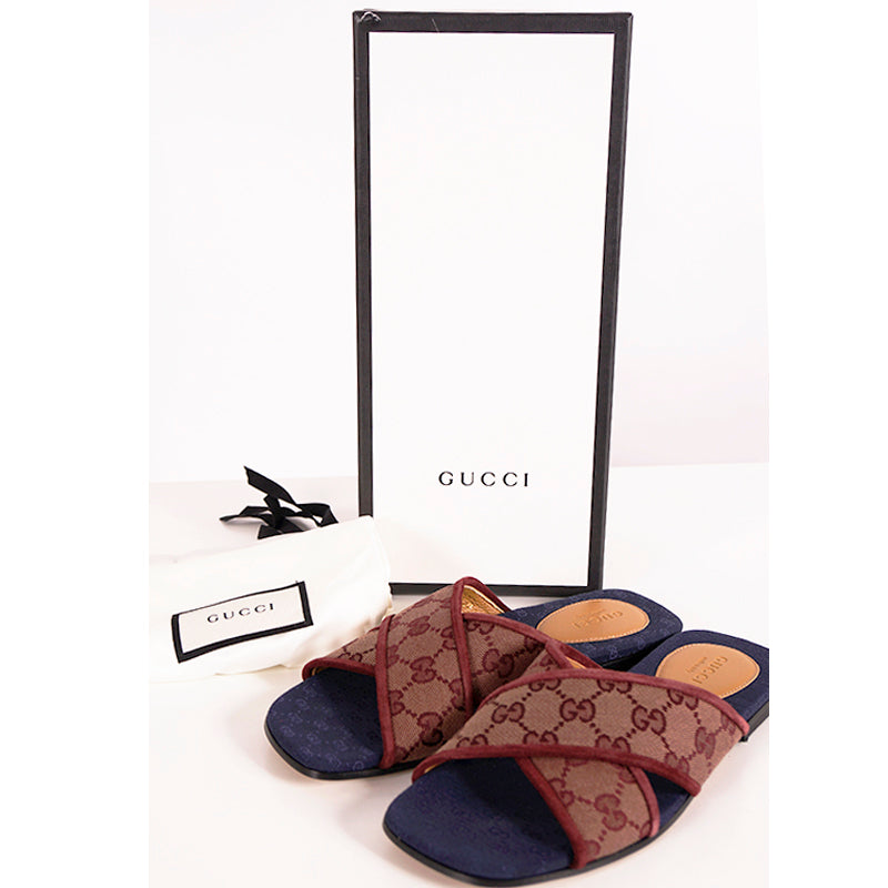 36 NEW $620 GUCCI Burgundy Red Senior Ruggine GG LOGO CANVAS Slide Flat SANDALS