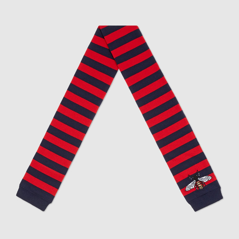NEW $810 GUCCI Men's Unisex Red and Navy Striped Wool Long Scarf With Bee Logo