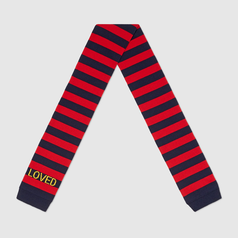 NEW $810 GUCCI Men's Unisex Red and Navy Striped Wool Long Scarf With Bee Logo