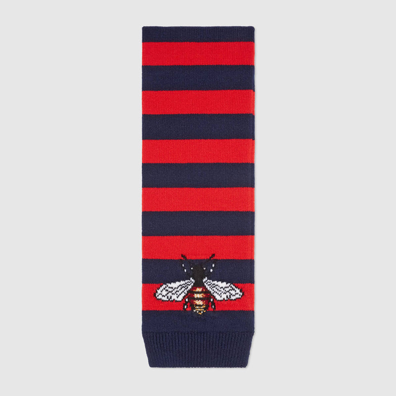 NEW $810 GUCCI Men's Unisex Red and Navy Striped Wool Long Scarf With Bee Logo