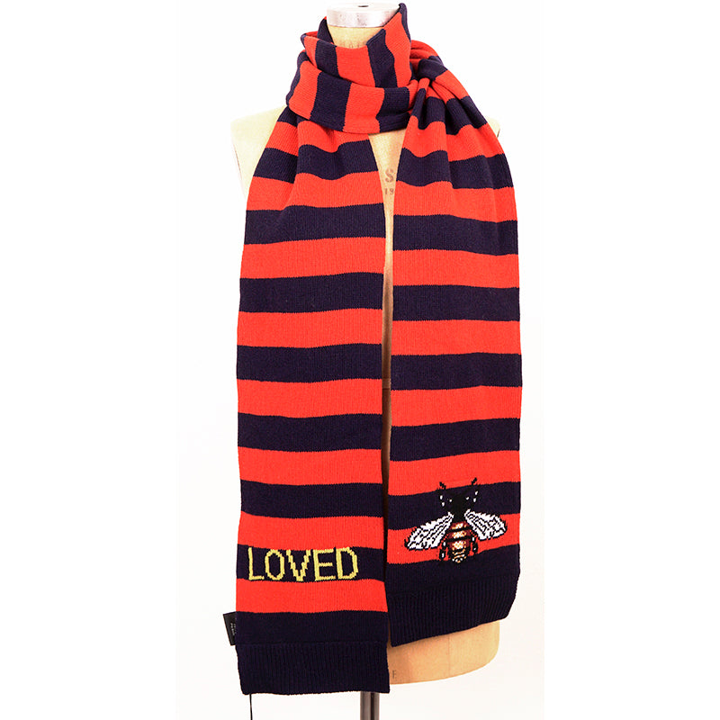 NEW $810 GUCCI Men's Unisex Red and Navy Striped Wool Long Scarf With Bee Logo