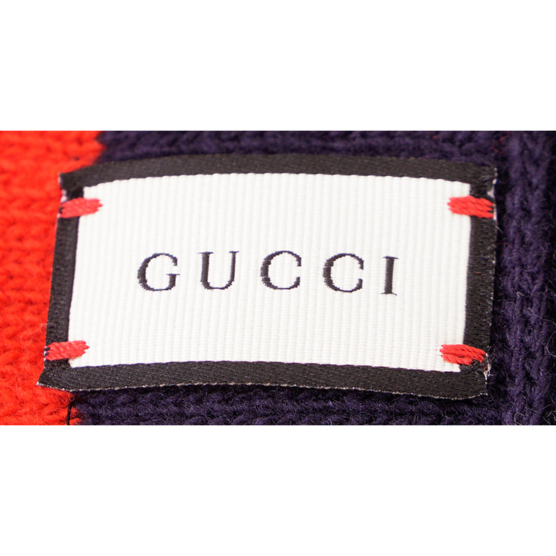 NEW $810 GUCCI Men's Unisex Red and Navy Striped Wool Long Scarf With Bee Logo