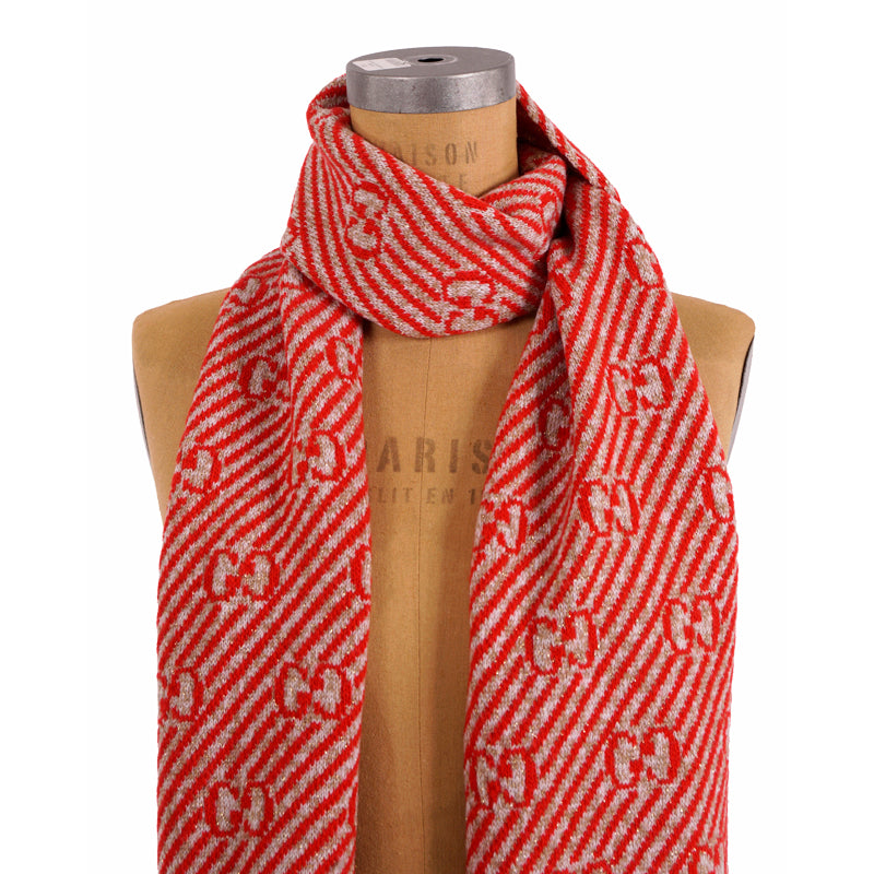 NEW $415 GUCCI Red and Gold GG Stripe JACQUARD Wool Long Fall Winter SCARF