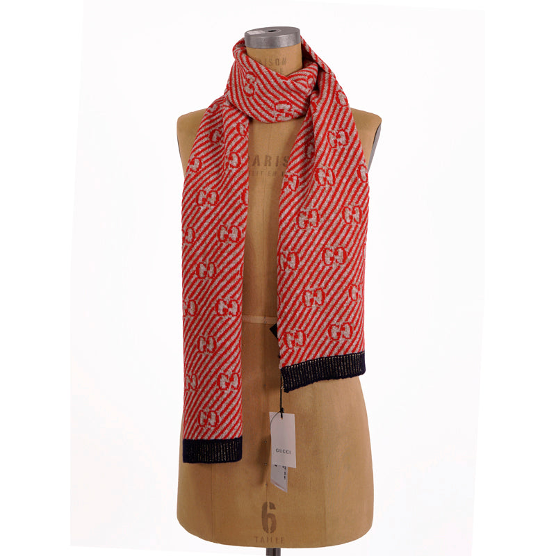 NEW $415 GUCCI Red and Gold GG Stripe JACQUARD Wool Long Fall Winter SCARF