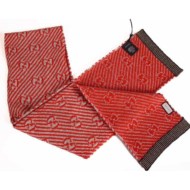 NEW $415 GUCCI Red and Gold GG Stripe JACQUARD Wool Long Fall Winter SCARF
