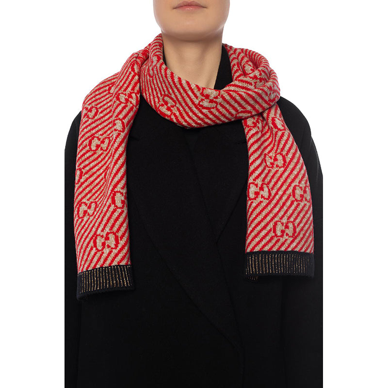 NEW $415 GUCCI Red and Gold GG Stripe JACQUARD Wool Long Fall Winter SCARF