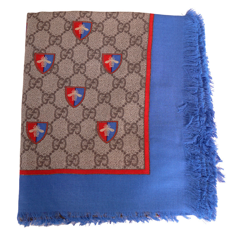 NEW $490 GUCCI Classic GG LOGO Web Shield GOLD BEE Modal Silk LARGE 70x180 SCARF