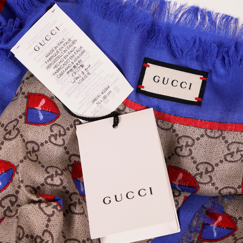 NEW $490 GUCCI Classic GG LOGO Web Shield GOLD BEE Modal Silk LARGE 70x180 SCARF