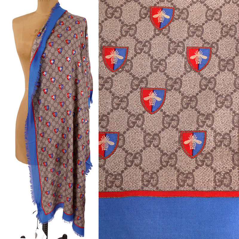 NEW $490 GUCCI Classic GG LOGO Web Shield GOLD BEE Modal Silk LARGE 70x180 SCARF