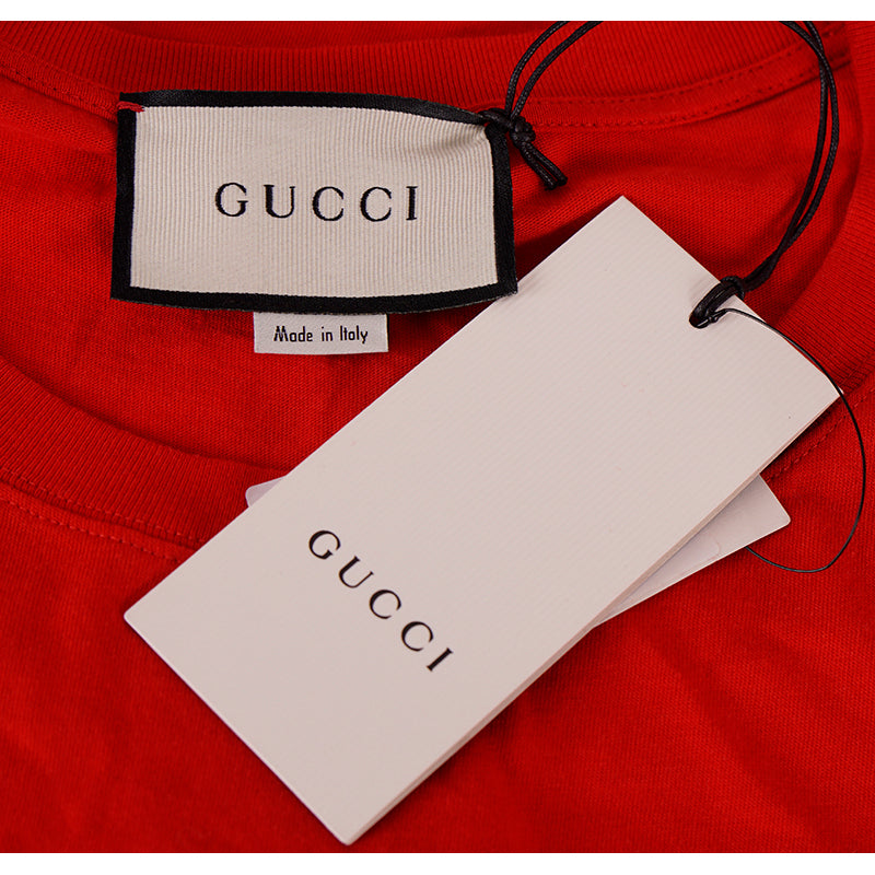 L & XXL NEW $580 GUCCI Men's Red Cotton Yellow ROCKER GG LOGO Rainbow Tee T-SHIRT
