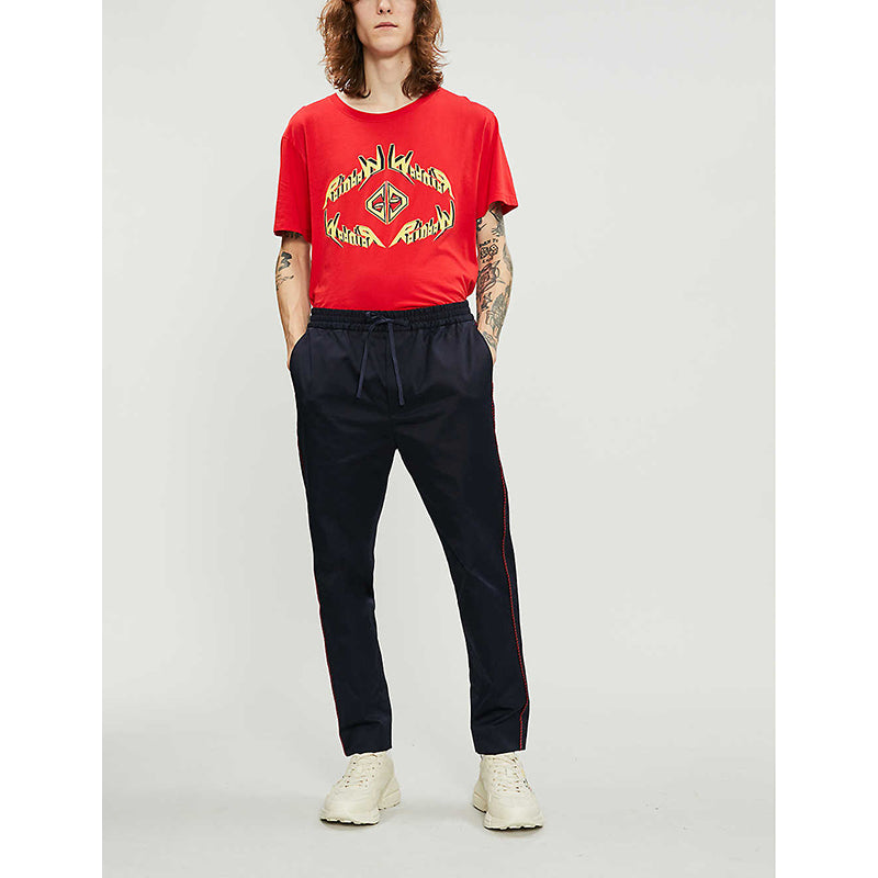 L & XXL NEW $580 GUCCI Men's Red Cotton Yellow ROCKER GG LOGO Rainbow Tee T-SHIRT