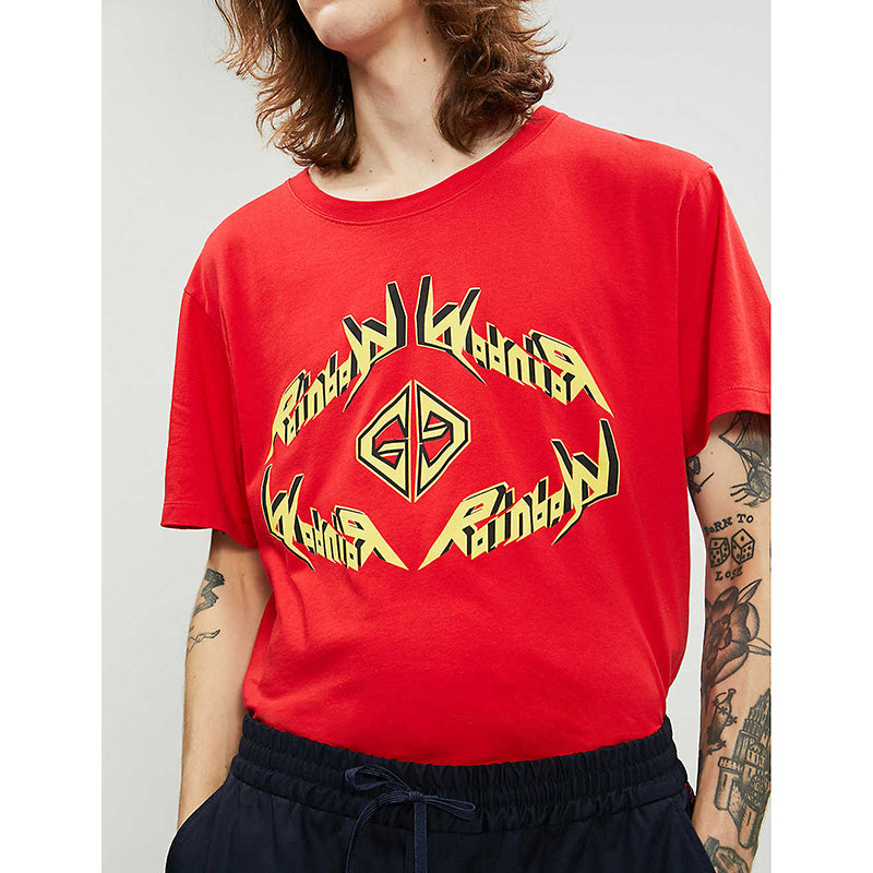 L & XXL NEW $580 GUCCI Men's Red Cotton Yellow ROCKER GG LOGO Rainbow Tee T-SHIRT