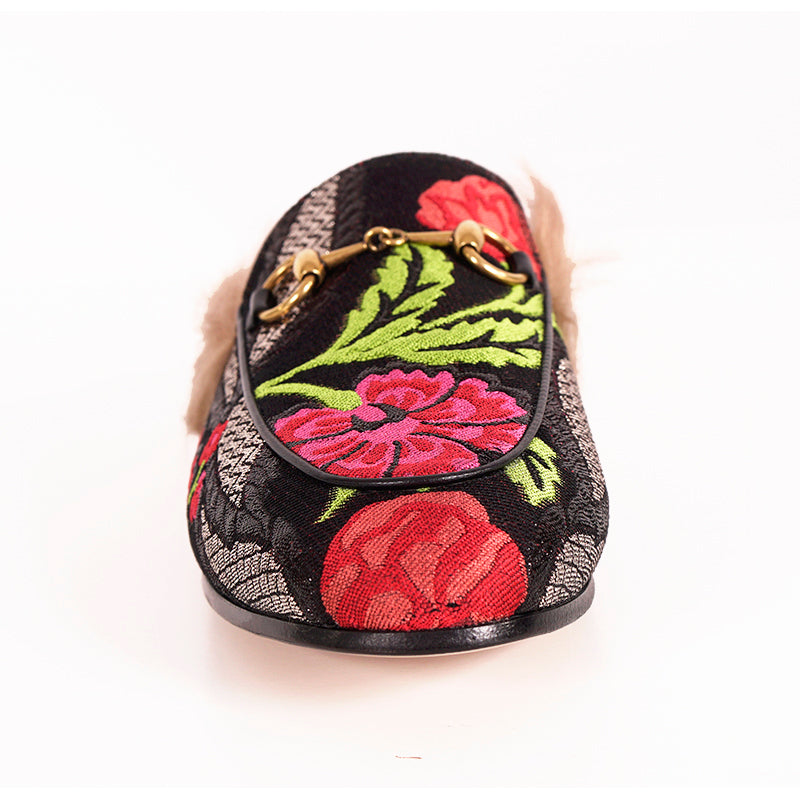 7 NEW $1,080 GUCCI Black Floral BROCADE Jacquard Fur Princetown Slippers LOAFERS