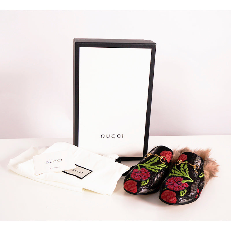 7 NEW $1,080 GUCCI Black Floral BROCADE Jacquard Fur Princetown Slippers LOAFERS