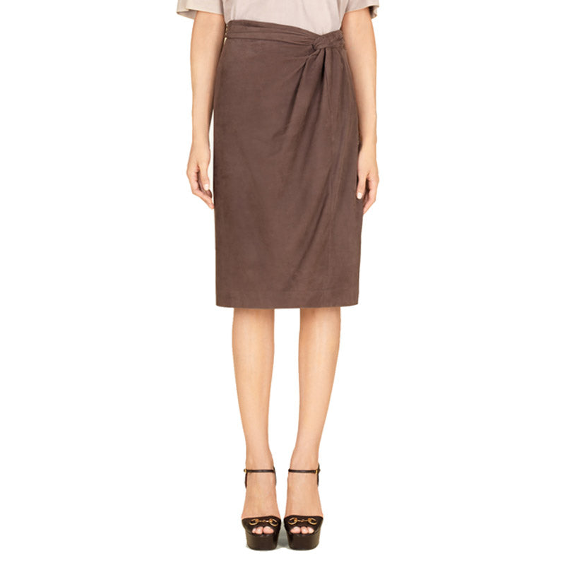 40 NEW $2500 GUCCI RUNWAY Brown 100% LEATHER SUEDE Knot Accent Pencil SKIRT XS