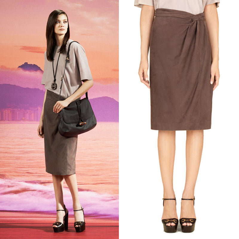 40 NEW $2500 GUCCI RUNWAY Brown 100% LEATHER SUEDE Knot Accent Pencil SKIRT XS