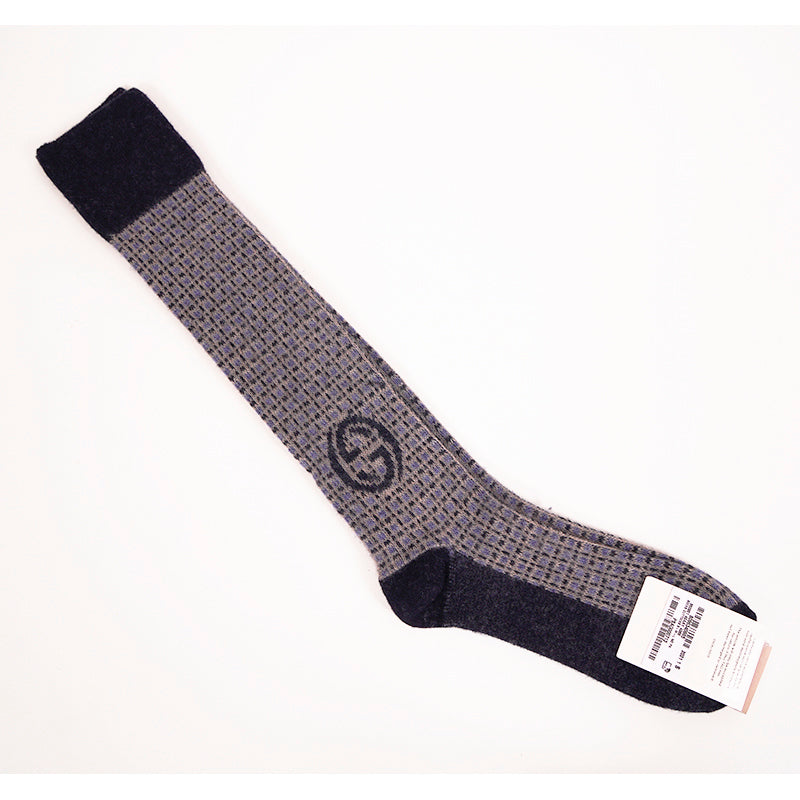 sz S NEW $195 GUCCI Men’s Wool Grey Blue Pattern INTERLOCKING LOGO GG Tall SOCKS