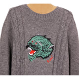 XXL NEW $1,300 GUCCI Gray Heather Green Panther EMBROIDERED Face Knitted SWEATER