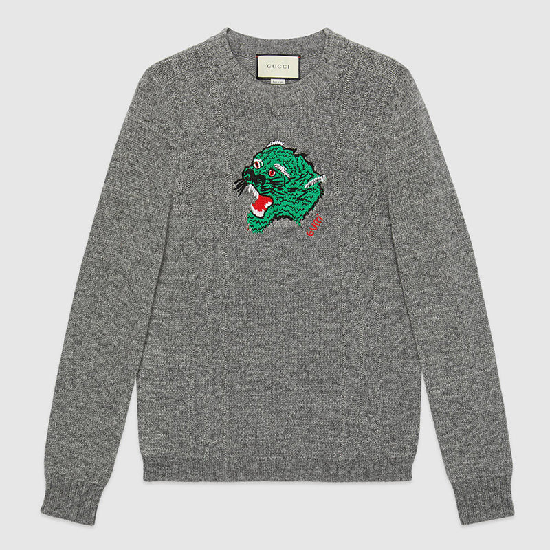 XXL NEW $1,300 GUCCI Gray Heather Green Panther EMBROIDERED Face – COUTURE