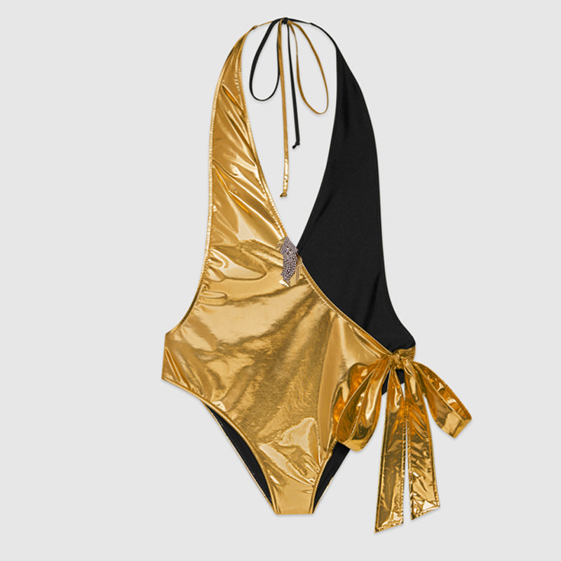 sz S NEW $950 GUCCI Black GOLD LAME Plunge Neckline Halter BODY SWIMSUIT & PIN
