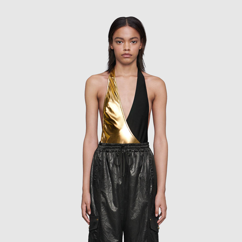 sz S NEW $950 GUCCI Black GOLD LAME Plunge Neckline Halter BODY SWIMSUIT & PIN