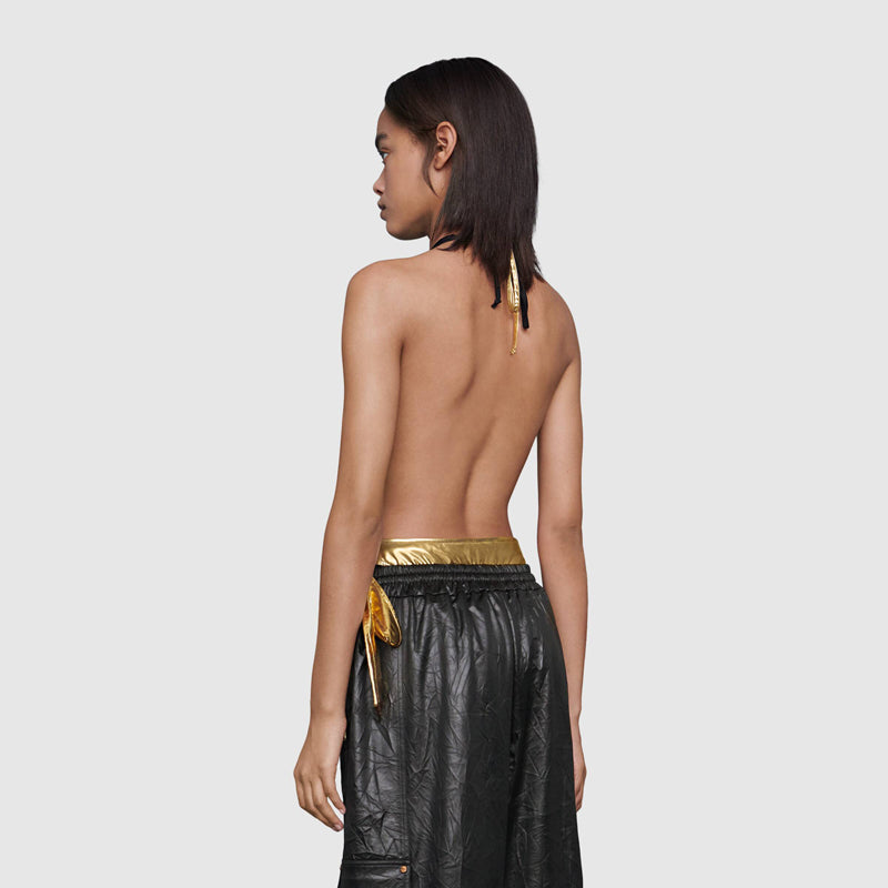 sz S NEW $950 GUCCI Black GOLD LAME Plunge Neckline Halter BODY SWIMSUIT & PIN