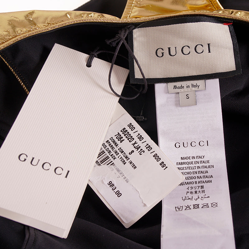 sz S NEW $950 GUCCI Black GOLD LAME Plunge Neckline Halter BODY SWIMSUIT & PIN