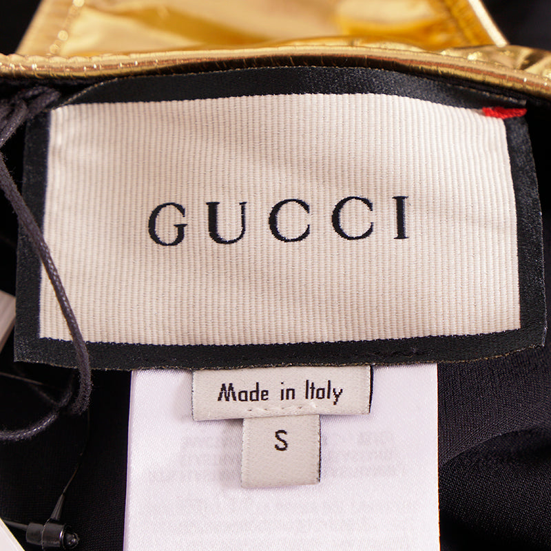 sz S NEW $950 GUCCI Black GOLD LAME Plunge Neckline Halter BODY SWIMSUIT & PIN