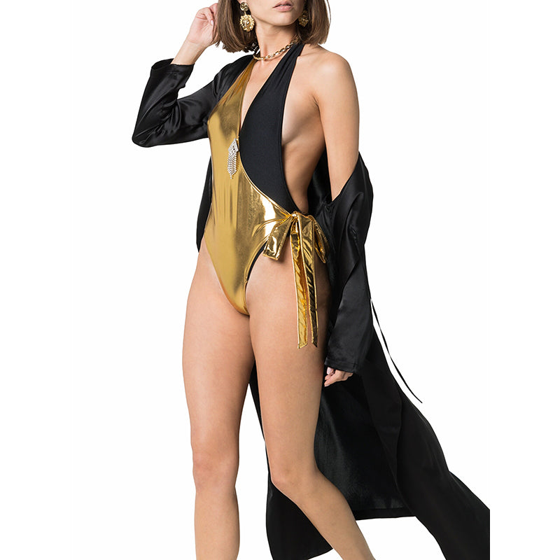sz S NEW $950 GUCCI Black GOLD LAME Plunge Neckline Halter BODY SWIMSUIT & PIN