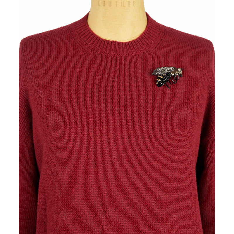 sz L NEW $1050 GUCCI Dk Red Wool GOLD BEE BROOCH Long OVERSIZE Knit Long SWEATER