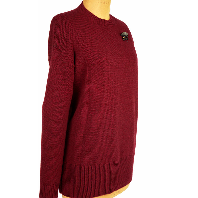 sz L NEW $1050 GUCCI Dk Red Wool GOLD BEE BROOCH Long OVERSIZE Knit Long SWEATER
