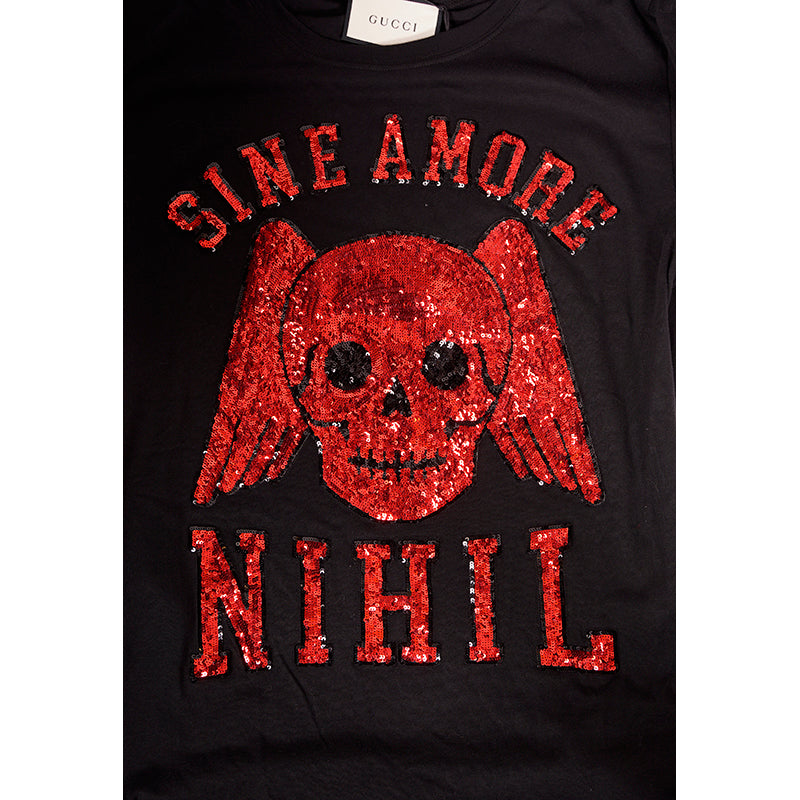 XS NEW $1,490 GUCCI Black Sine AMORE Red Winged Skull Sequin Oversized T-SHIRT