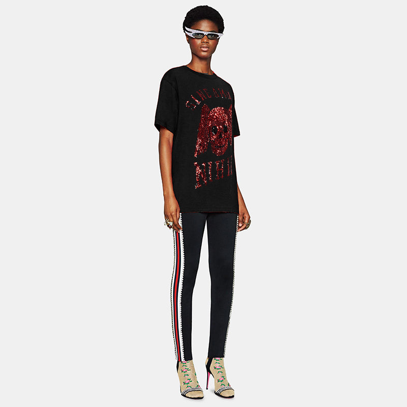 XS NEW $1,490 GUCCI Black Sine AMORE Red Winged Skull Sequin Oversized T-SHIRT