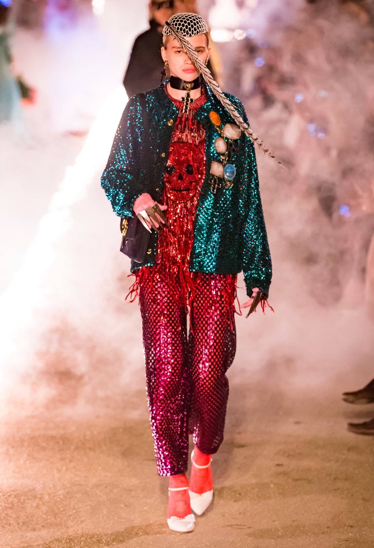 XS NEW $1,490 GUCCI Black Sine AMORE Red Winged Skull Sequin Oversized T-SHIRT