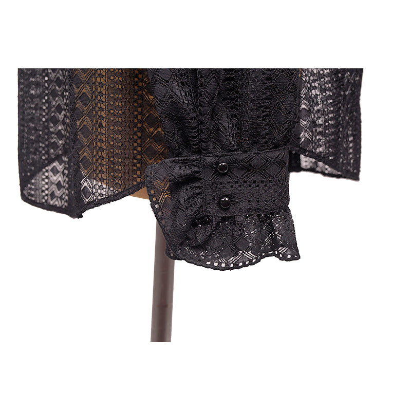 46 US 10 NEW $1195 GUCCI Black SHEER LACE Button Front Long Sleeve RUFFLE BLOUSE TOP