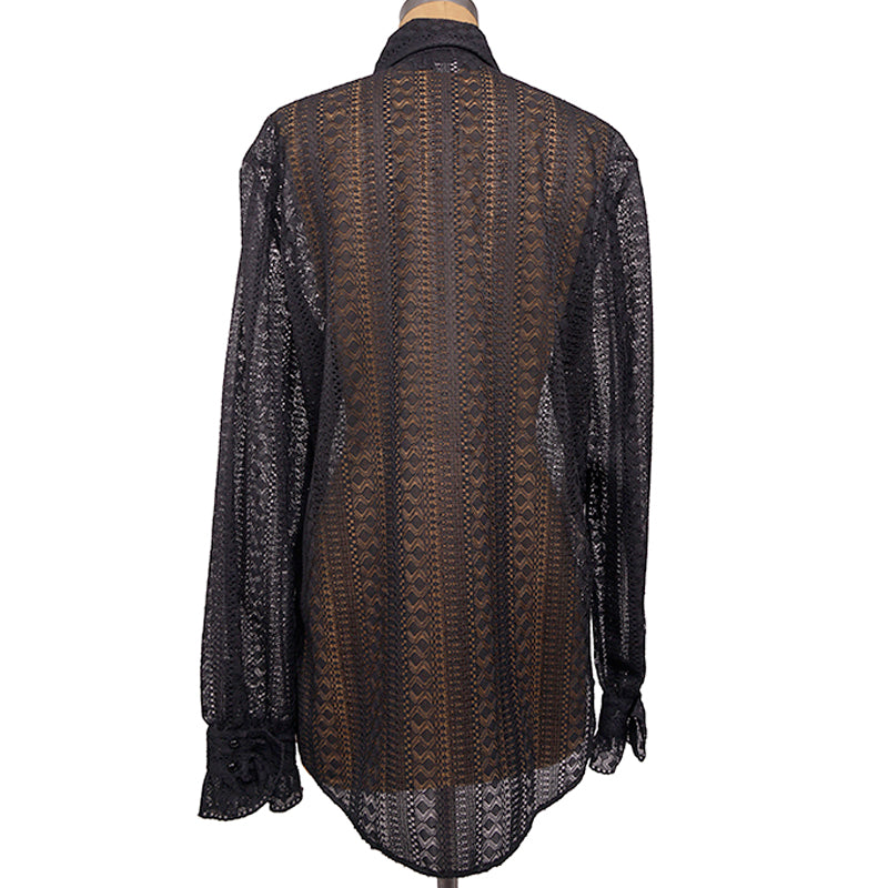 46 US 10 NEW $1195 GUCCI Black SHEER LACE Button Front Long Sleeve RUFFLE BLOUSE TOP