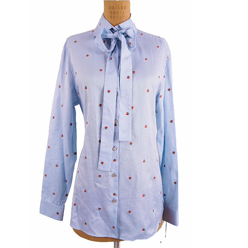 42 NEW $980 GUCCI Blue Cotton STRAWBERRY PATTERN Button Down SHIRT BLOUSE TOP 8