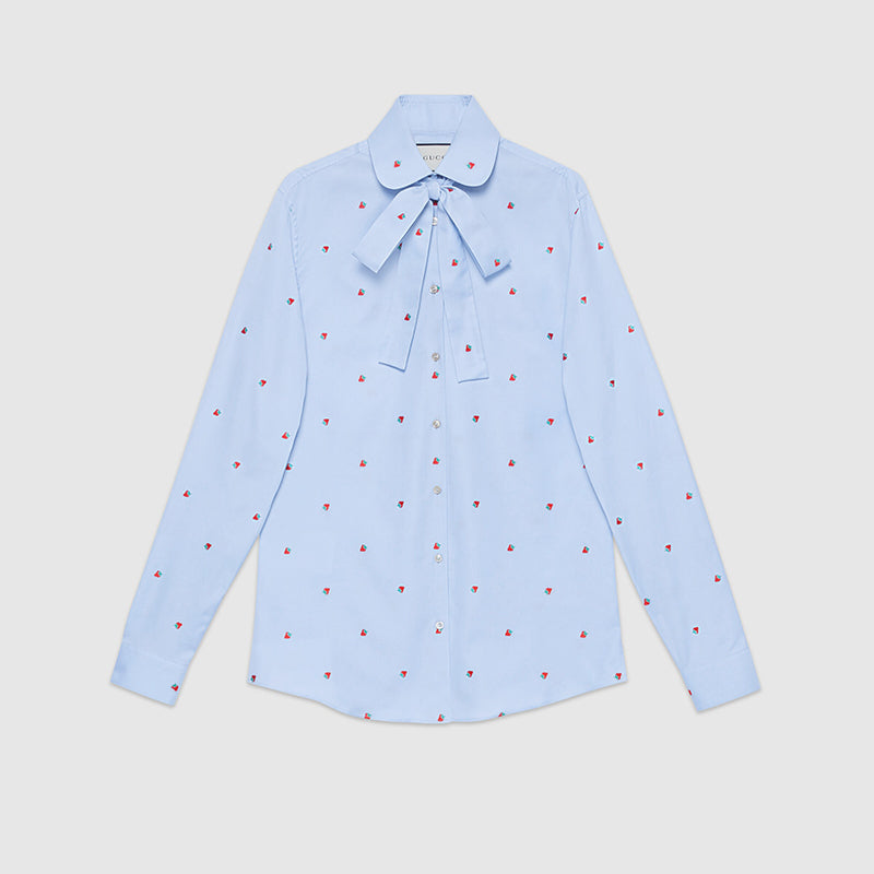 42 NEW $980 GUCCI Blue Cotton STRAWBERRY PATTERN Button Down SHIRT BLOUSE TOP 8
